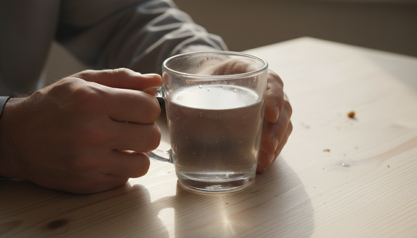 мужские руки рабочего, кружка чистой воды, светлый домашний стол, утреннее освещение