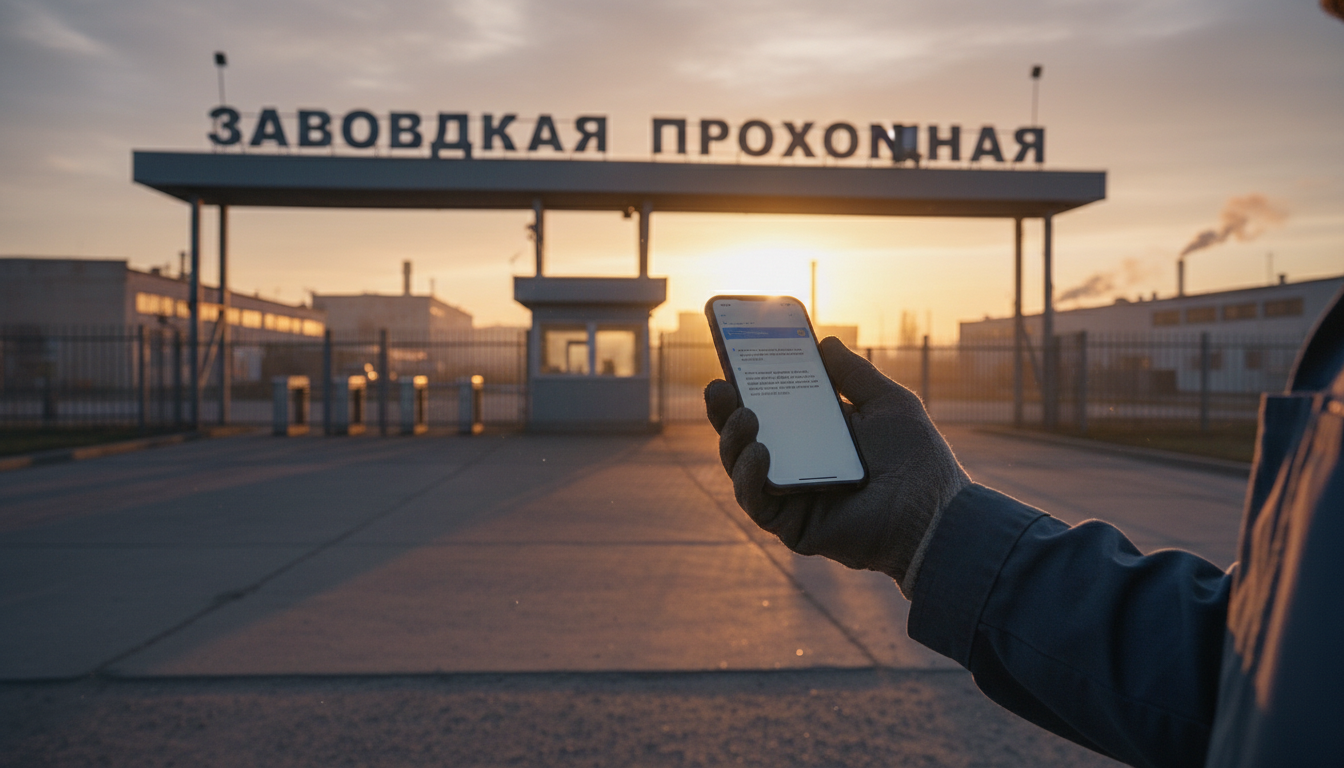 Телефон в руке рабочего, вечерний свет, заводская проходная на фоне