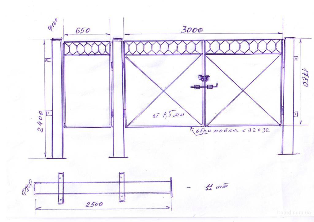 Ворота распашные с калиткой чертеж размеры из профнастила