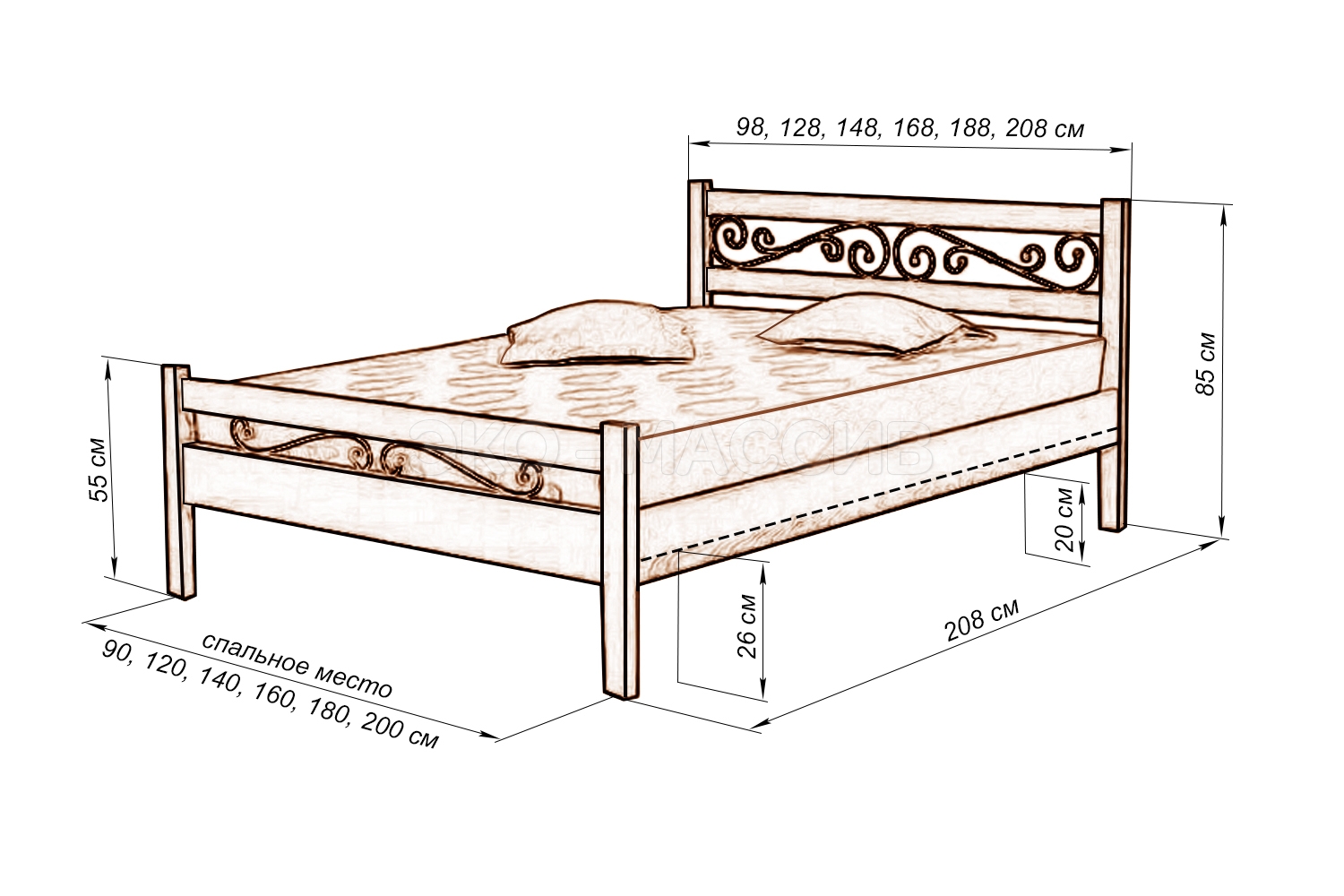 Кровать 900х2000 из массива сосны чертеж