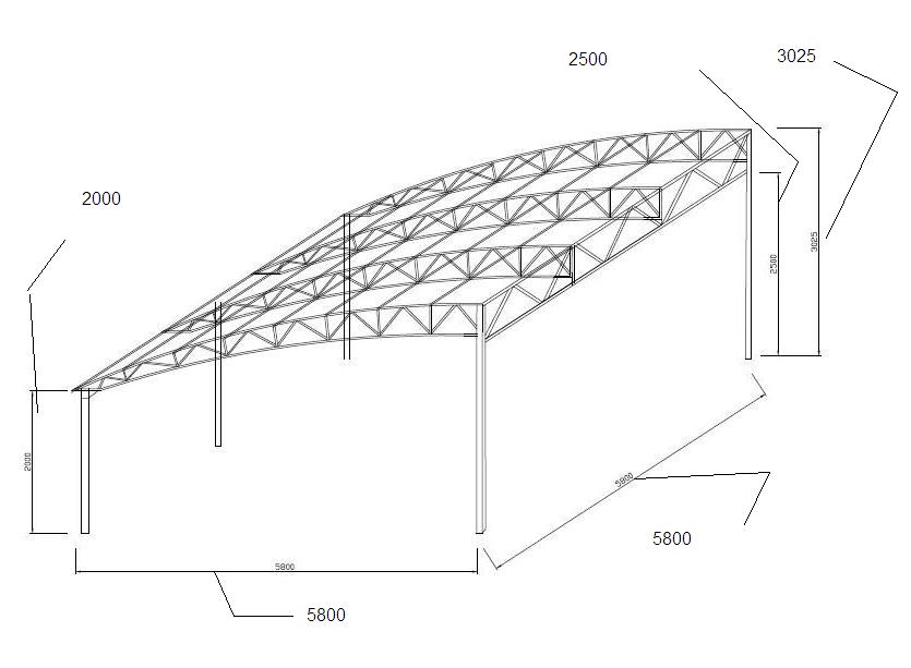 Чертеж навеса из профильной трубы с размерами с односкатной крышей