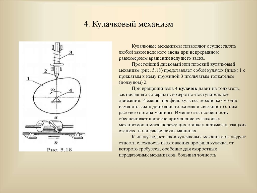 Кулачковый механизм служит для преобразования вращательного движения в линейное перемещение малой амплитуды Такие механизмы широко применяются в двигателях внутреннего сгорания